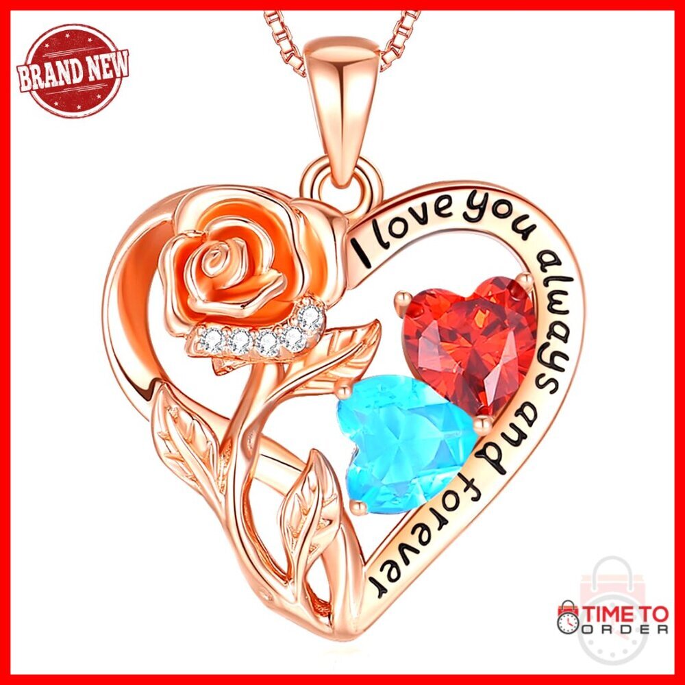 Sterling Silver Double Birthstone Rose Heart Pendant Necklace 16+2 Chain
